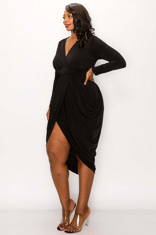 Plus Solid Wrap-Style Draped Dress with Slit & 3/4 Sleeves - Black