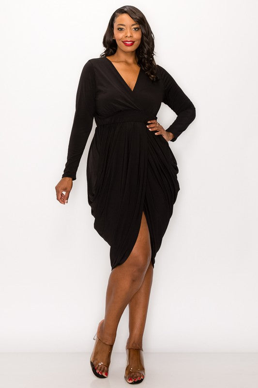 Plus Solid Wrap-Style Draped Dress with Slit & 3/4 Sleeves - Black