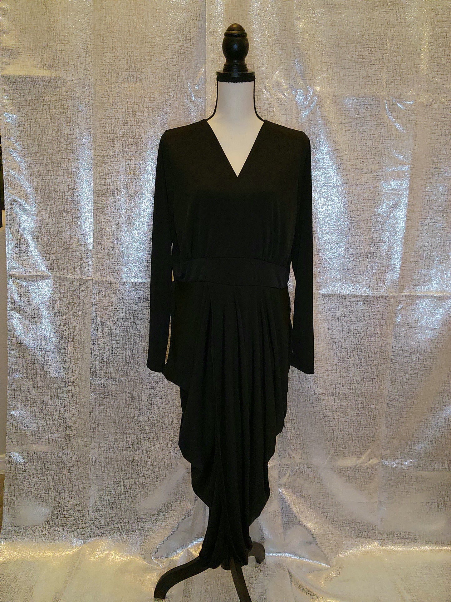 Plus Solid Wrap-Style Draped Dress with Slit & 3/4 Sleeves - Black