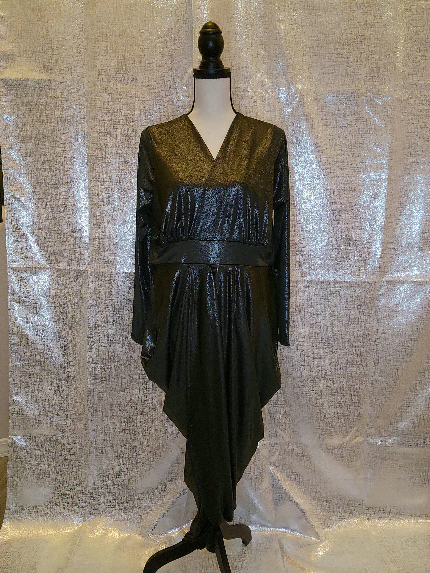 Plus Shiny Wrap-Style Draped Dress with Slit & 3/4 Sleeves - Shiny Black