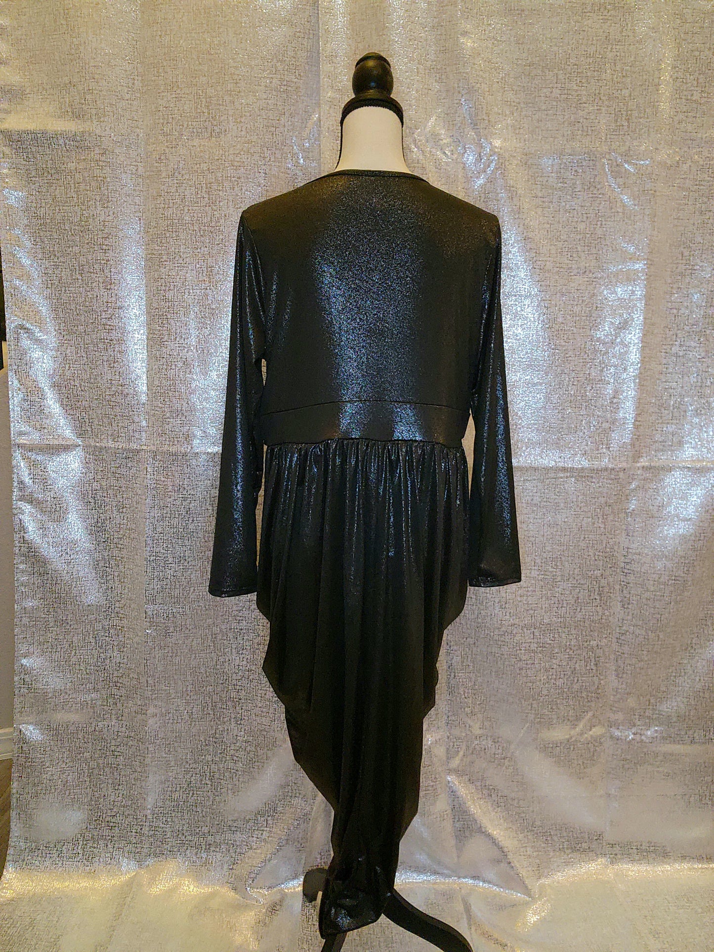 Plus Shiny Wrap-Style Draped Dress with Slit & 3/4 Sleeves - Shiny Black