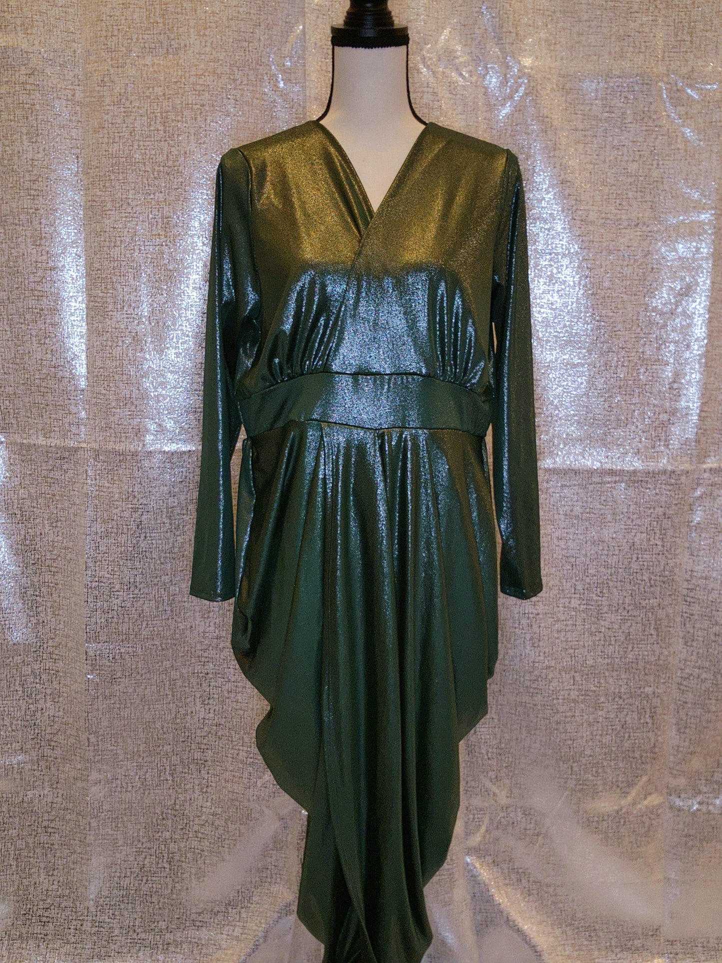 Plus Shiny Wrap-Style Draped Dress with Slit & 3/4 Sleeves - Hunter Green