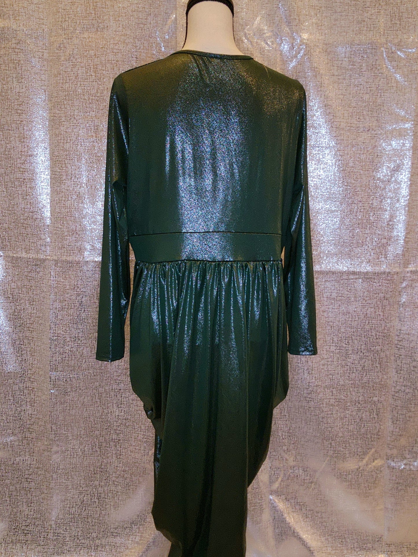 Plus Shiny Wrap-Style Draped Dress with Slit & 3/4 Sleeves - Hunter Green