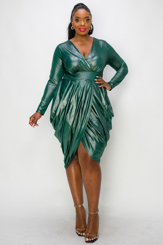 Plus Shiny Wrap-Style Draped Dress with Slit & 3/4 Sleeves - Hunter Green