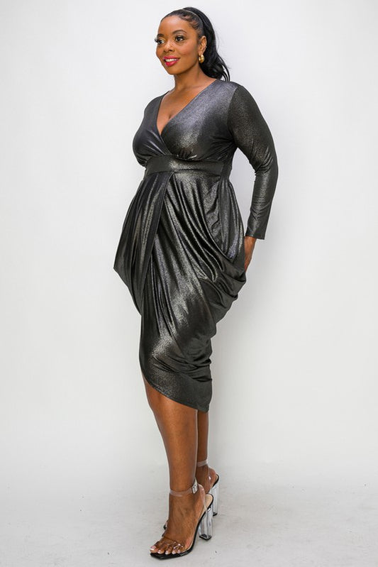 Plus Shiny Wrap-Style Draped Dress with Slit & 3/4 Sleeves - Shiny Black